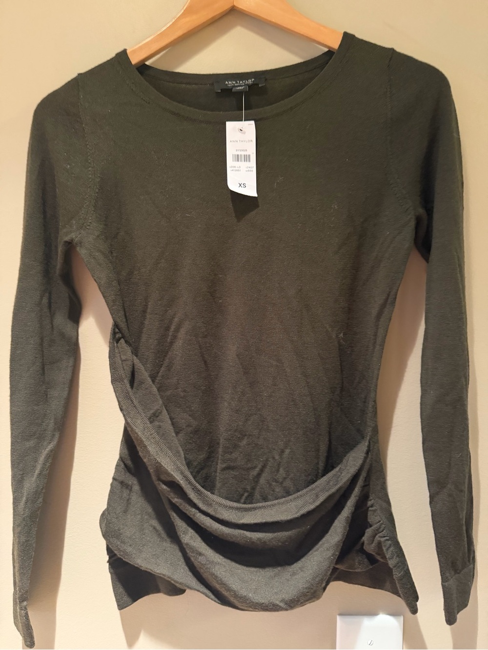 Ann Taylor Olive Twist-Front Long Sleeve Merino Wool Top XS NWT